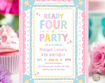 Whimsical Frame Hand-Drawn Pastel Girl Ready FOUR a Party 4th Birthday Photo Invitation Invite Template 873K4 (4)