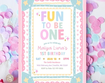 Whimsical Frame Hand-Drawn Pastel Girl Fun To Be One 1st Birthday Photo Invitation Invite Template 873K4 (1)
