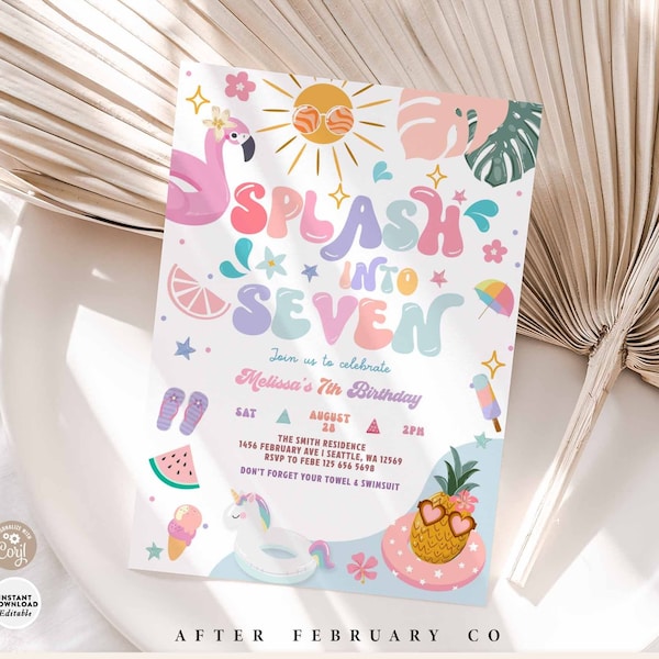 Splash into Seven 7th Birthday Pool Party Invitation: Summer Swimming Invite Template 329K1 (7-2)