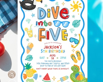 Boy Dive into Five 5th Birthday Toucan Dino Dinosaur Pool Party Invitation Invite Template 328K2 (5-1)