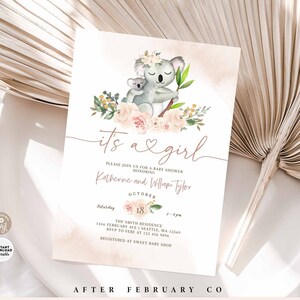 Editable Floral Koala Girl Baby Shower Invitation Blush Pink Baby Shower Sprinkle Invite Printable Instant Download Template 1516V1 (1)