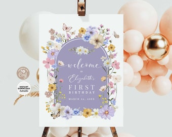 May include: Purple and white floral welcome sign with the text "Welcome to Elizabeth's First Birthday March 26, 20XX".