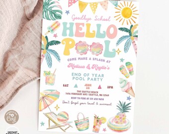 May include: A colorful invitation for an end-of-year pool party. The invitation features a bright blue, pink, and yellow color scheme with illustrations of palm trees, a pool float, and a popsicle. The text reads "Goodbye School Hello Pool Come Make a Splash at Melissa & Kaylie's End of Year Pool Party Sat June 28 2PM The Seattle Beach 1456 February Ave I Seattle, WA 12569 RSVP to Fere at 125 658 9658 Don't forget your towel & swimsuit".