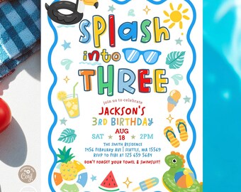 Boy Splash into Three 3rd Birthday Toucan Dino Dinosaur Pool Party Invitation Invite Template 328K2 (3-1)