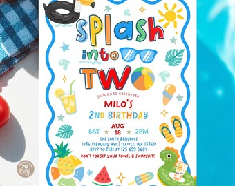 Boy Splash into Two 2nd Birthday Dino Toucan Pool Party Invitation Invite Template 328K2 (2-5)