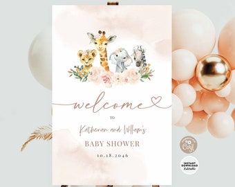Puede incluir: Señal de bienvenida a la fiesta de bienvenida al bebé de Katherian y William con un fondo de acuarela y una corona de flores con una jirafa, un león, un elefante y una cebra. La señal es rosa y dorada con el texto "Bienvenido a la fiesta de bienvenida al bebé de Katherian y William 10.18.2046".