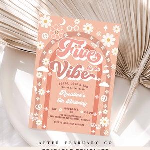Bearbeitbare FÜNF ist ein Vibe 5. Groovy Daisy Geburtstagseinladung Bogen Neutral Boho Retro Geburtstag einladen Vorlage Sofort-Download 600K1 (5)