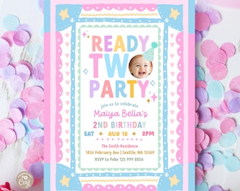 Girl Ready TWO Party 2nd Birthday Whimsical Frame Hand-Drawn Vintage Photo Invitation Invite Template 873K3 (2-3)