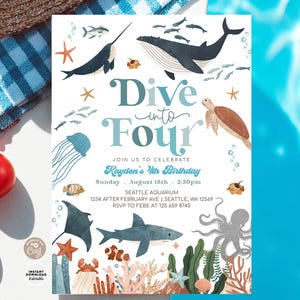 May include: A rectangular birthday invitation template featuring watercolor illustrations of marine life including a whale, shark, octopus, sea turtle, and jellyfish. The text reads Dive into Four, Join us to celebrate Kayden's 4th Birthday, Sunday August 18th 2:30pm, Seattle Aquarium, 1234 After February Ave, Seattle, WA 12569, RSVP to Febe at 125 659 8745.