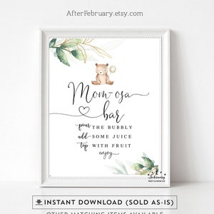 Mom Osa Bar Sign Greenery Gold We Can Bearly Wait Teddy Bear Baby Shower Gender Neutral Printable // Instant Download 1305V1