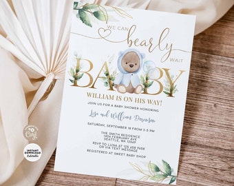 EDITABLE Greenery Blue Boho Bear Baby Shower Invitation Teddy Bear We Can Bearly Wait Bear Invite Printable Template Instant Download 1034V2