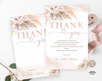 Editable Thank You Flat Card Pink Pampas Grass Boho Girl Baby Shower Printable Template Instant Download 411V1