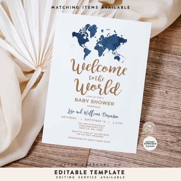 EDITABLE Navy Blue Gold World Map Traveling Adventure Welcome To The World Baby Shower Invitations Invite Digital Printable OR Printed 793V1