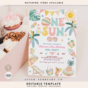 Editable ONE in the SUN 1st Birthday Pool Beach Party Invitation Girly Pink Mint Pool Party Splash Party Invite Digital Template 620K1 (1-1)