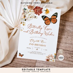 May include: A white invitation card with a floral design and a butterfly. The text on the card reads "Butterfly Kisses and Birthday Wishes" and "Elizabeth Kesa's 2nd Birthday".