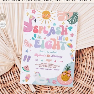 Editable Splash into EIGHT 8th Birthday Pool Party Invitation Girly Summer 8th Swimming Splash Pad Party Invite Digital Template 329K1 (8-2)