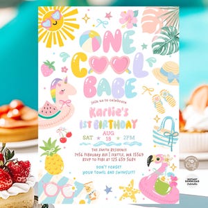 May include: A digital birthday invitation template featuring the text ONE COOL BABE, Karlie's 1st Birthday, Aug 18, 2pm, The Smith Residence, 1456 February Ave, Seattle, WA 15569, RSVP to Febe at 125 659 5684, and Don't forget your towel and swimsuit.