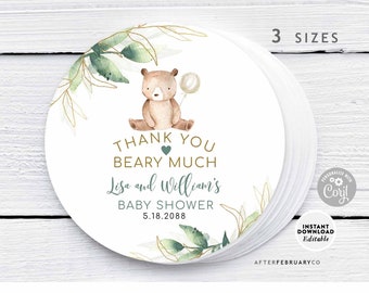 EDITABLE Bear Greenery Thank You Beary Much Circle Round Sticker Tag Gender Neutral Bear Tag Printable Template Instant Download 1305V1