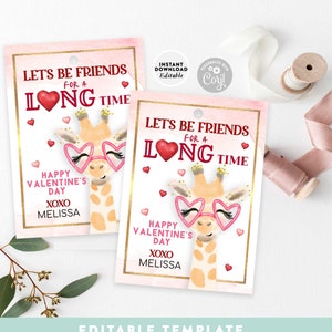 BEWERKBARE Valentine Giraffe Tag Valentine Treat Bag Vriendschap Tag Kinderen Valentijnsdag geschenken TagsSjabloon Afdrukbare Instant Download 238