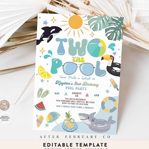 Ragazzo modificabile DUE PISCINE Invito alla festa in piscina per il 2° compleanno Squalo balena Tucano Piscina Splash Pad Invito alla festa Modello digitale 329K2 (2-2)