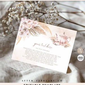 May include: Editable template for a tea party invitation with a pink teapot and floral design. The text reads "your text here" and "All text editable".