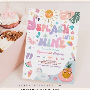 Bewerkbare Splash in NEGEN 9e verjaardag zwembadfeest uitnodiging Girly zomer 9e zwemmen Splash Pad uitnodiging voor feest digitale sjabloon 329K1 (9-2)