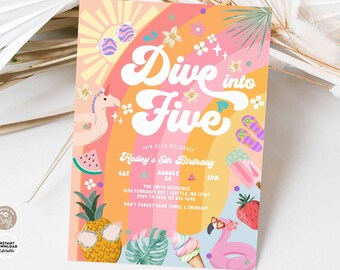 Dive into Five 5th Birthday Invitation: Rainbow Pool Party Invite Template 705K2 (5)