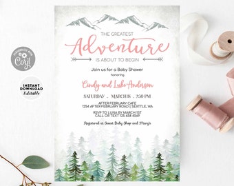 Pode incluir: Modelo editável para um convite de chá de bebê com uma ilustração em aquarela de uma cordilheira e uma floresta. O texto diz "A maior aventura está prestes a começar" e "Junte-se a nós para um chá de bebê em homenagem a Cindy e Luke Anderson".