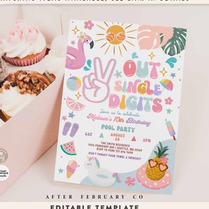 Editable Peace Out Single Digits 10th Birthday Pool Party Invitation Girly Summer 10th Splash Pad Party Invite Digital Template 329K1 (10-2)