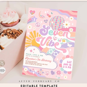 Editable Groovy 7 Seven is a Vibe 7th Birthday Party Invitation Rainbow Disco Ball Sun Preppy Birthday Invite Instant Download 603K3 (7-1)