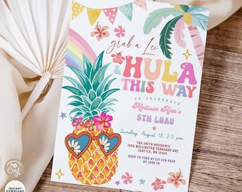 Zaproszenie na urodziny Hula Luau: niestandardowy szablon zaproszenia na przyjęcie urodzinowe z ananasem 1551K1 (6)