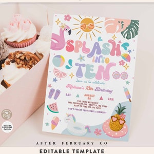 Editável Splash into TEN 10th Birthday Pool Party Invitation Girly Summer 10th Splash Pad Party Invitation Modelo digital 329K1 (10-1)