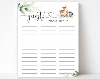 Greenery Woodland Guest Sign In Sheet Printable Forest Animal Woodland Baby Shower Keepsake Printable  (Instant Download) 1060