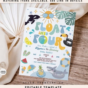 May include: A colourful invitation for a 4th birthday pool party. The invitation features a blue, yellow and green illustration of a pool float with the words "Float into Four" in a whimsical font. The invitation includes the date, time and location of the party, as well as a request to RSVP.