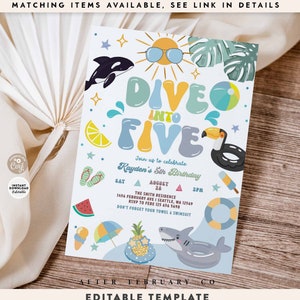 Può includere: Un invito di compleanno blu e bianco con il testo "Dive into Five" e un tucano, una balena, uno squalo e un ananas di cartoni animati. L'invito è per una festa di compleanno di 5 anni e include la data, l'ora e il luogo.