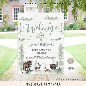 EDITABLE Sage Forest Hunting Tree Woodland Género Neutro Baby Shower Welcome Yard Sign Template Descarga instantánea 941V1