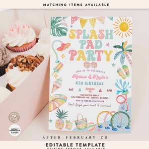 May include: A colorful invitation for a Splash Pad Party for Melissa and Kaylie's 8th birthday. The invitation features a watercolor illustration of a beach scene with palm trees, a beach umbrella, a pool float, and a popsicle. The text on the invitation reads "Splash Pad Party" and "Join us to celebrate Melissa & Kaylie's 8th Birthday". The date and time of the party are listed as "Sat August 28, 2PM". The location is listed as "The Seattle Beach, 1456 February Ave I Seattle, WA 12569". The RSVP information is listed as "RSVP to Febe at 125 658 9658". The invitation also includes the text "Don't forget your towel & swimsuit".