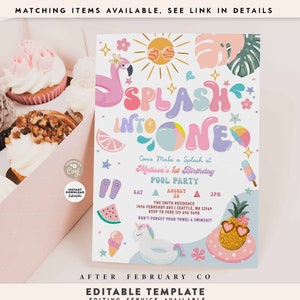 Flickigt plask i ETT poolparty 1-årsinbjudan: Mall för enhörningsinbjudan 329K1 (3-1)