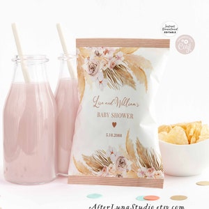 May include: White chip bag with a floral design in shades of pink and beige. The bag has text that reads "Lisa and William's Baby Shower 5.18.2088".