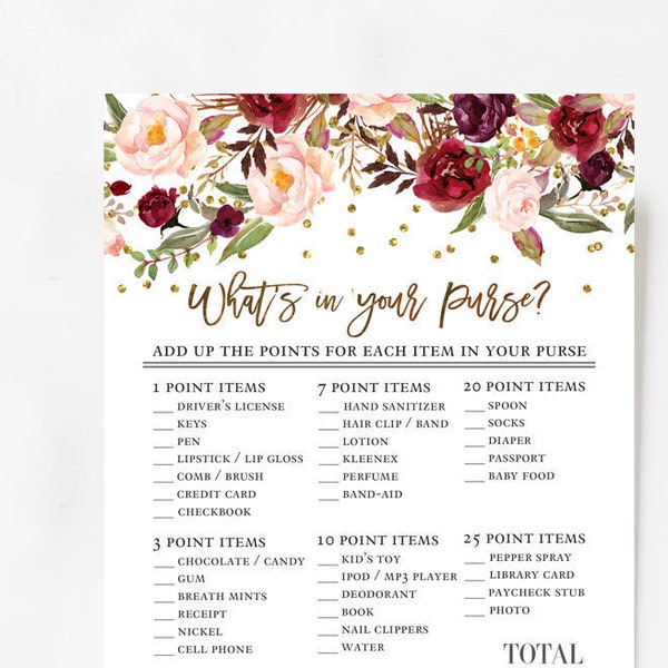 Bridal Purse Game Floral Bridal Shower Games Burgundy Bridal Shower Games Burgundy Gold Confetti Printable (Instant Download) No.51BRIDE