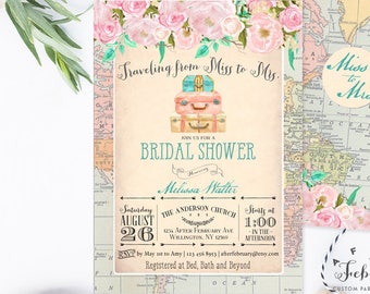 Traveling From Miss to Mrs Bridal Shower Invitation Vintage Blush Pink Teal Traveling Suitcase Invitation Printable No.775BRIDE