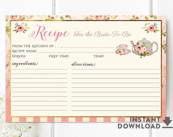Bridal Shower Recipe Cards Printable, Pink and Gold Floral Recipe Card for the Bride To Be Printable No.127BRIDE
