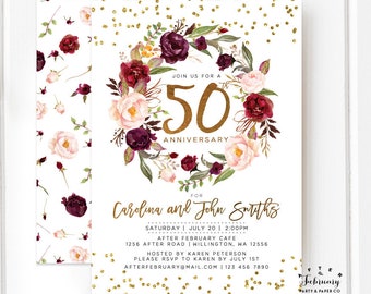 ANY YEAR / Burgundy Wedding Anniversary Invitation 50th Anniversary Invitations 25th 30th 35th 40th Floral Invitation No.51ANNIVERSARY