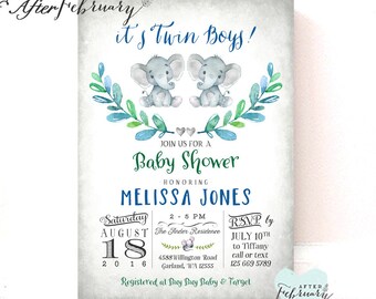 Twins Baby Shower Invitation Elephant Baby Shower Invitation Little Peanut Baby Shower Baby Boy Elephant Printable OR Printed No.634TWINS
