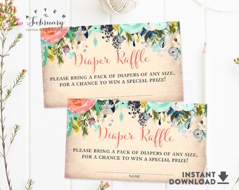 Coral and Mint Floral Diaper Raffle Ticket Printable, Diaper Raffle Cards, Diaper Raffle Insert Girl Floral (Instant Download) No.1295 BABY