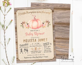 Pink and Gold Pumpkin Baby Shower Invitation Rustic Fall Baby Shower Invite Little Pumpkin on The Way Printable OR Printed No.1312BABY