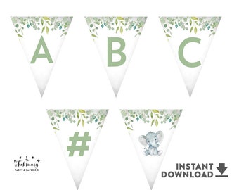 Elephant Baby Shower Pennant Banner Bunting Pennant Printable Greenery Baby Shower Decoration Decors (Instant Download) No.1408BABY