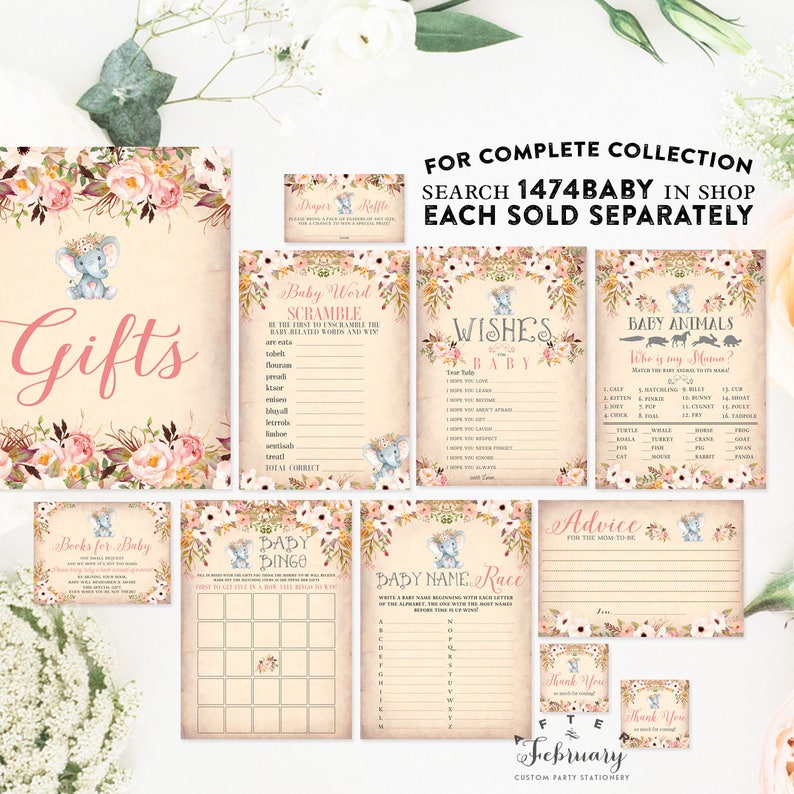 No.1474BABY Printable Diaper Raffle Tickets Girl Elephant Baby Shower Printable Floral Girl Baby Shower Inserts Printable Instant Download