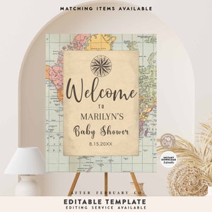 MODIFICABILE Baby Shower viaggiante Segno di benvenuto Stampabile Vintage Avventura in tutto il mondo Matrimonio Segno di benvenuto Digital Instant Download 1269