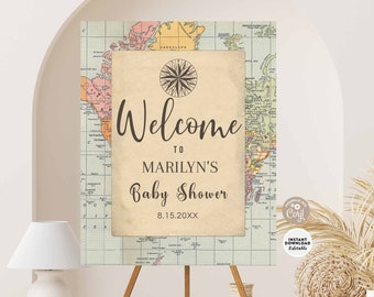 EDITABLE Traveling Baby Shower Welcome Sign Printable Vintage Adventure Around the World Wedding Welcome Sign Digital Instant Download 1269